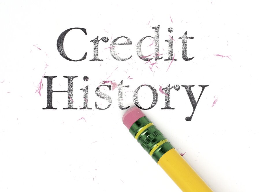 Close up of a yellow pencil erasing the words 'Credit History.' Isolated on white.